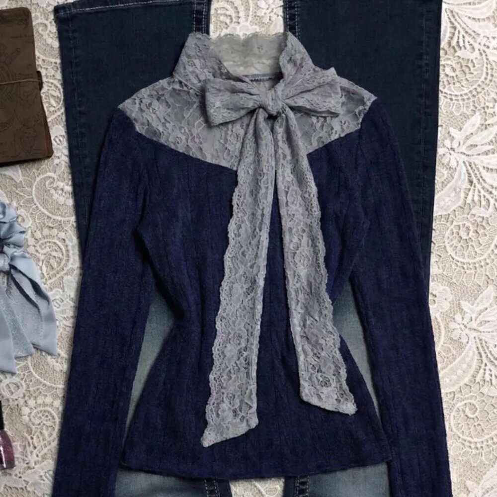 Dark Blue Lace Patchwork Bow Undershirt Women's S… - image 1